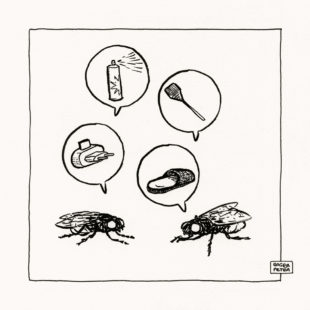 Dos moscas comparten sus ansiedades. En los bocadillos, en lugar de textos, vemos dibujados: un spray insecticida, un matamoscas, un aparato enchufable de pastillas y una zapatilla.